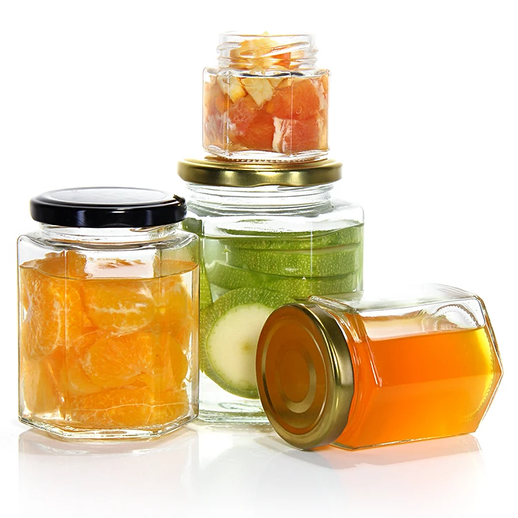 Wholesale 45ML 85ML 100ML Empty Small Hexagon Jam Chili Sauce Pickle Nut Glass Jar With Metal Lid