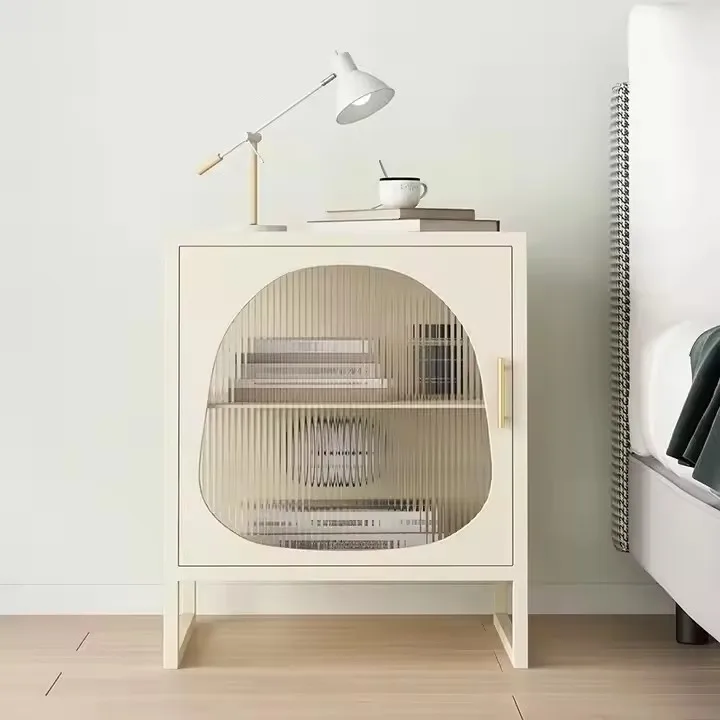Nordic minimalist bedroom long rainbow glass face wooden bedside table