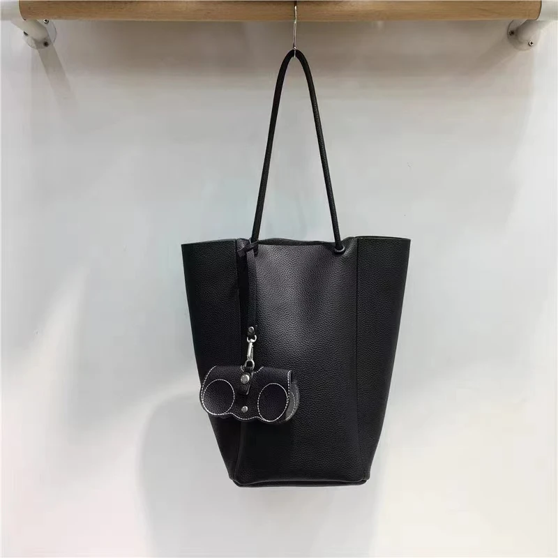 Litchi patterned soft skin large capacity bucket bag, single shoulder mother tote bag