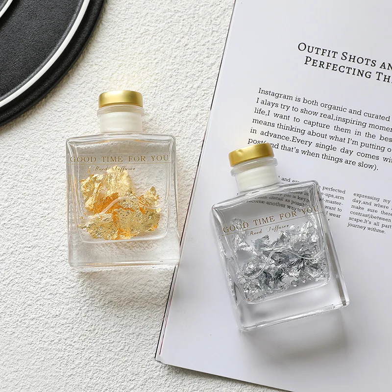 Заводская поставка оптовая продажа набор диффузоров из золотой фольги для инъекций тростника 120 мл Квадратная бутылка аромадиффузоров золота и серебра