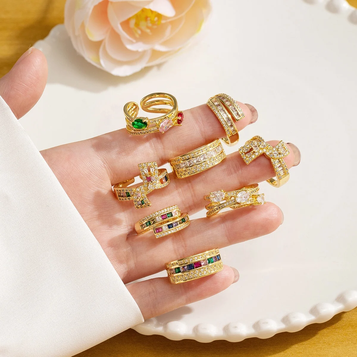 Fashion European American Design Sense Light Luxury Jewelry Ring Colorful Zircon Geometric Ring for Women