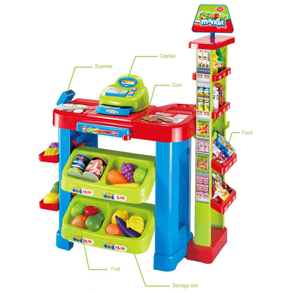 Hot Selling Girl Preschool, Supermarket Role Pretend Play With Fruits And Lights Sound Cash Register For Kids Trolley Set/