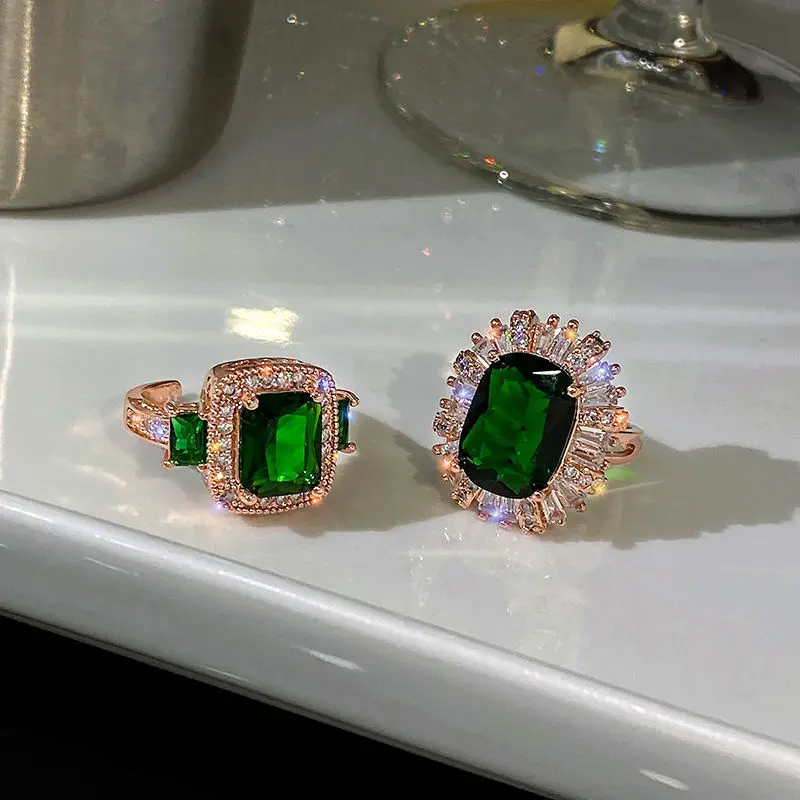 2021 Hot Selling 18k Gold Plated Ring Simple Personality Creative Green Zircon Rings Jewelry Women Green Natural Zircon Rings