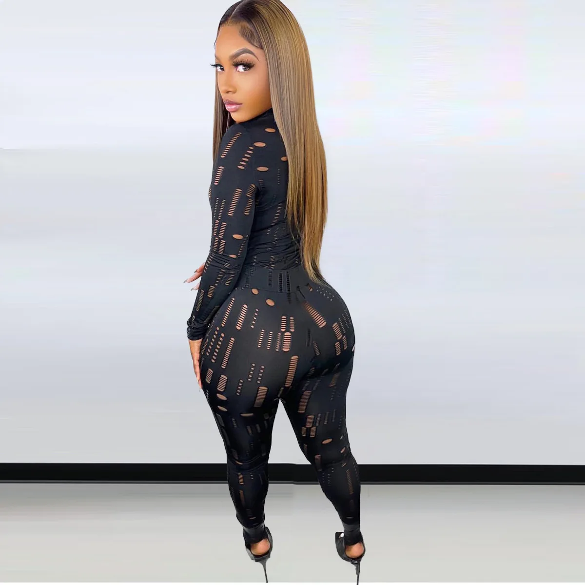 L2122 sexy bandage fashion long sleeve hollow out top and pants woman two piece pants set