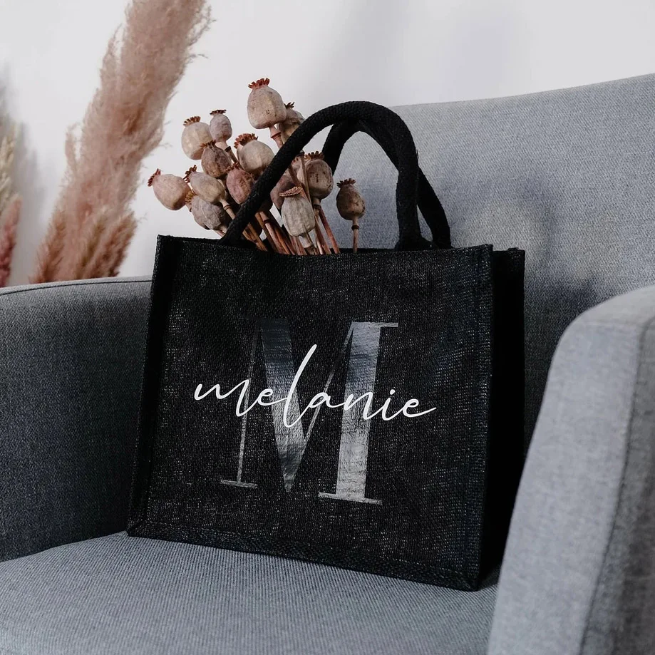 Personalized Custom Logo Waterproof Tote Bag Black Color Jute Shopping Bag Eco Friendly Portable Handbag Gift Bag