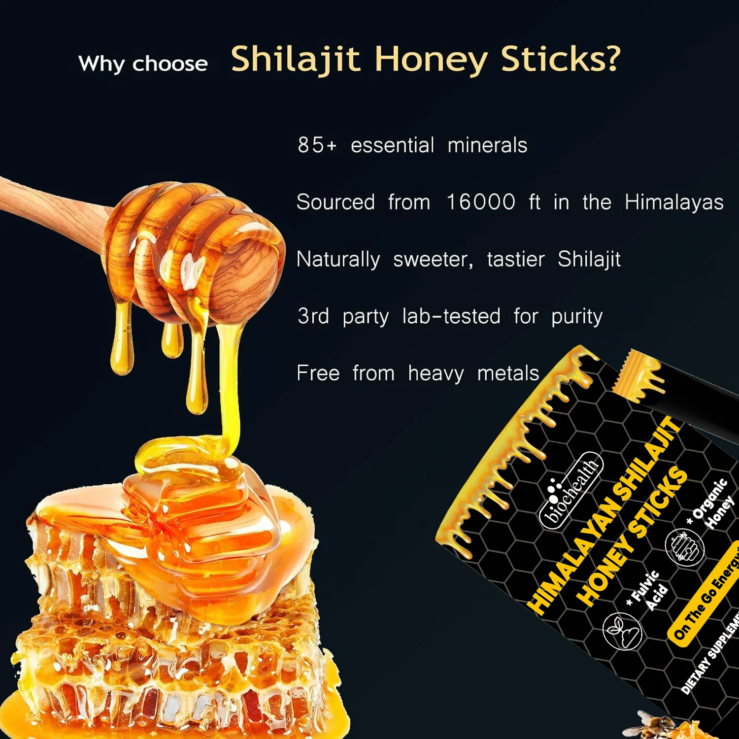 Biochealth GMP Pure Himalayan Shilajit Sticks with Organic Honey, Saffron - 30 Sticks for Energy Boost & Immune Support
