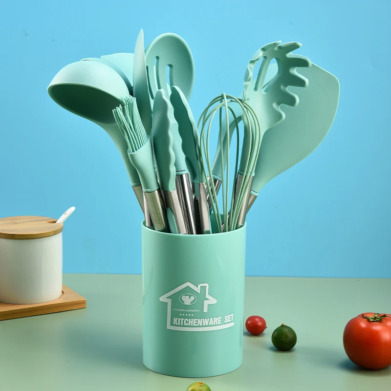 kitchen utensils amazon silicon BPA Free Non Toxic 11 pcs Stainless steel handle set with round