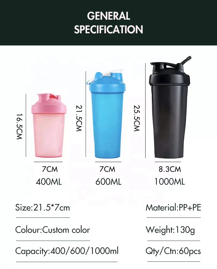 Customized logo 400ML Purple Custom Sport Shaker Bottles Plastic Protein Shakers Bottle Water Bottle with easy to carry out hook