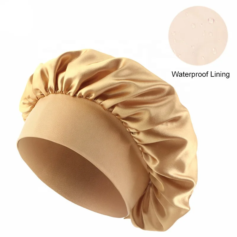 Waterproof polyester Luxury Satin EVA Shower Caps for Women Reusable Bath Hair Cap Fashion Bowknot Shower Hat with Elastic