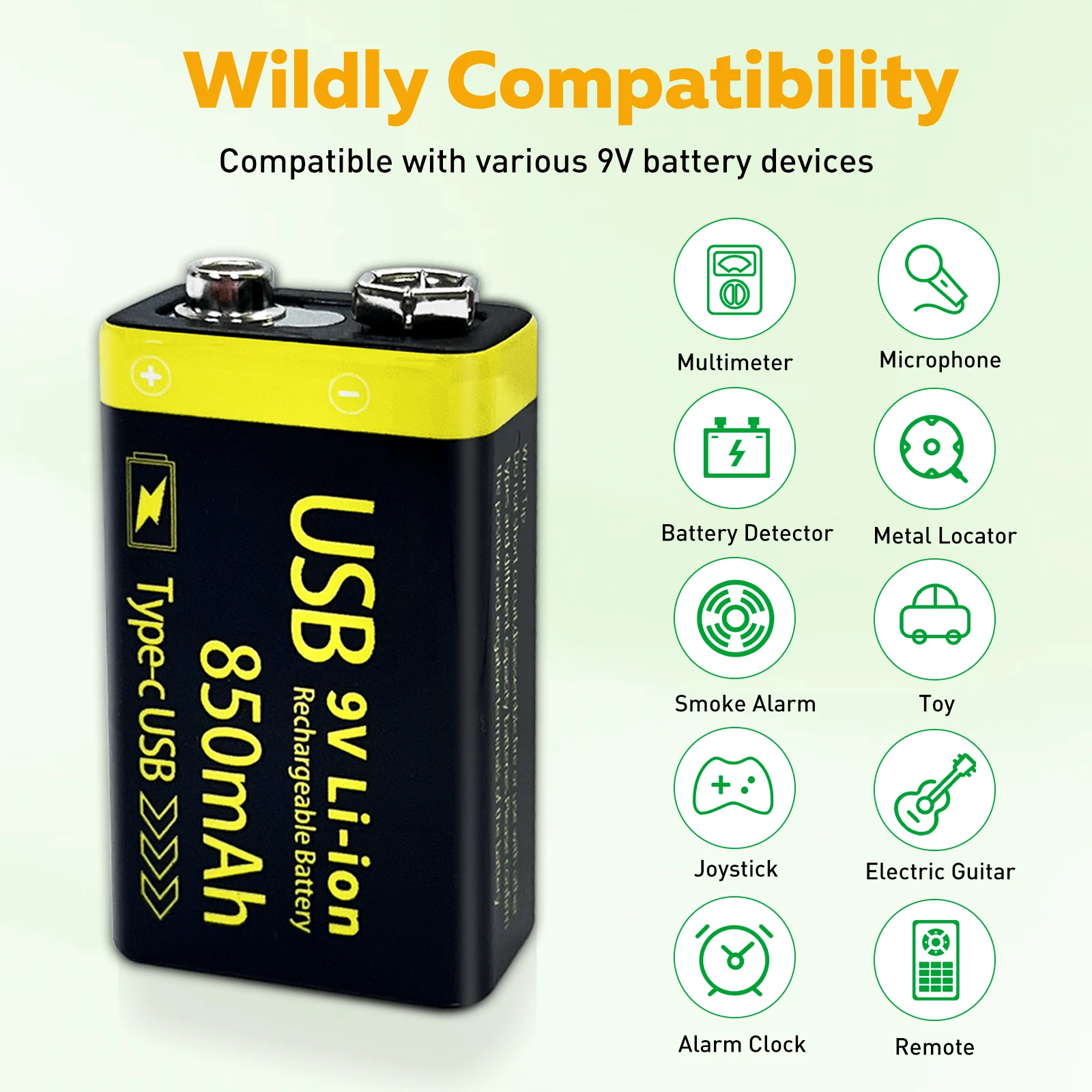 Suitable for gas cooker microphone, 9V 850mWh supports tpyc-c USB charging Rechargeable lithium battery