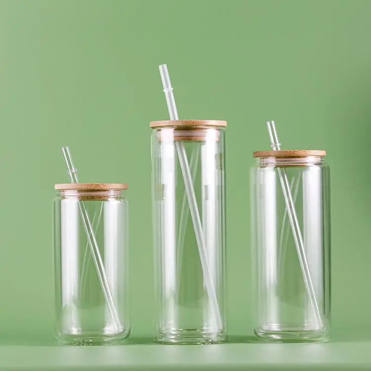 USA WAREHOUSE 16oz 20oz double wall glass snow globe snowglobe   tumbler with bamboo lid and straw