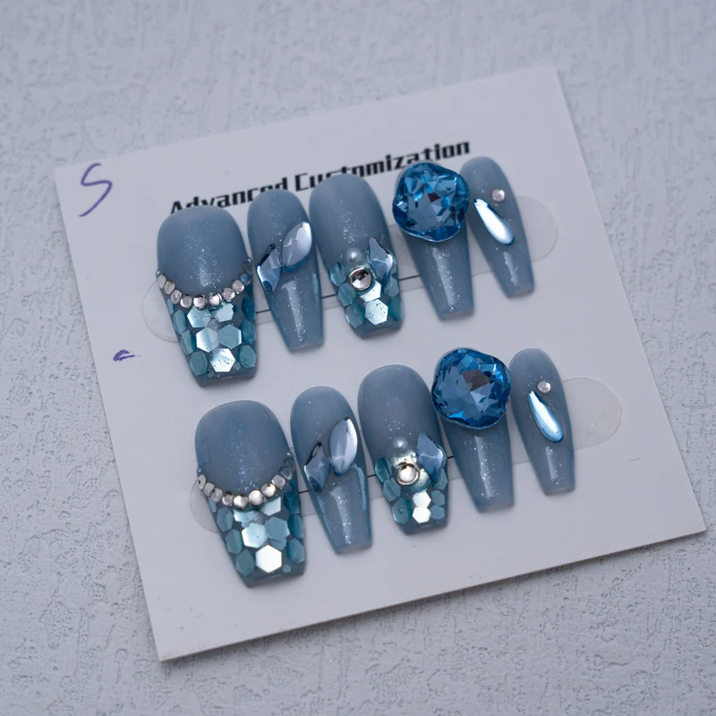 Manufactory Wholesale Blue gradient high-grade French luxury with diamond glitter reusable Handmade false nails