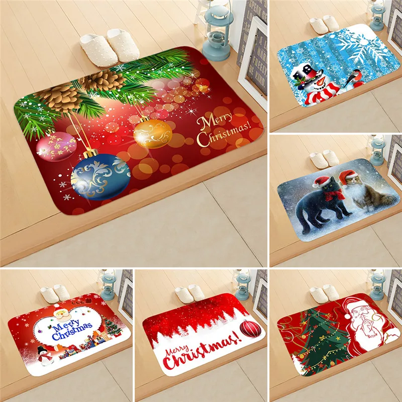 40*60cm Flannel Room Door Mat Thermal Transfer Christmas Day Kitchen Bathroom Absorbent Carpet Mats