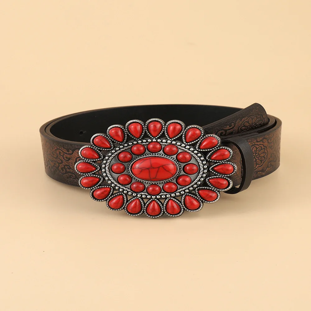 European American Retro Belt Y2k Ethnic Style Pu Belt Simple Design With Sapphire Inlaid Popular Buckle Made From Alloy Material