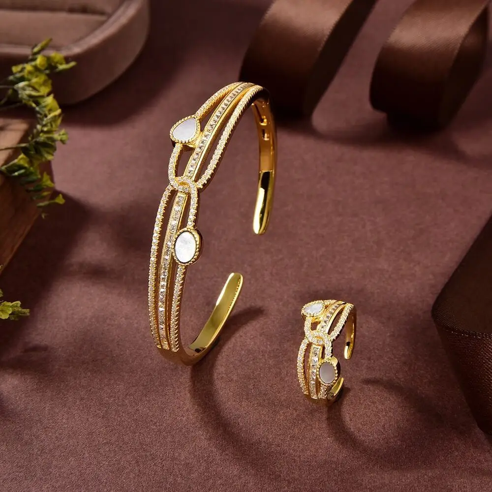 Factory Dubai Saudi Arabia 18k Gold Bangles Designs Jewelry Women Luxury 925 Silver Zircon Bangles Ring Set