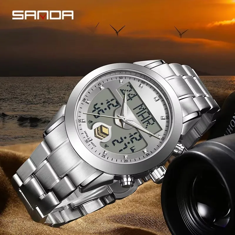SANDA 6204 Men Quartz Watches Fashion Elegant Arabic Tidal Direction Indication Trendy Chronograph Stainless Steel Strap Watches