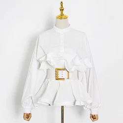 ONEINALL Stand Collar Long Sleeve Sashes Blouse Female Fashion New Clothing 2021