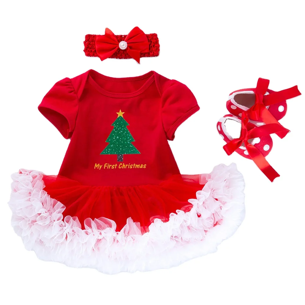 Christmas Day Short Sleeves Baby Cartoon Print Romper with Headband Shoes Red and White Three Piece Suit