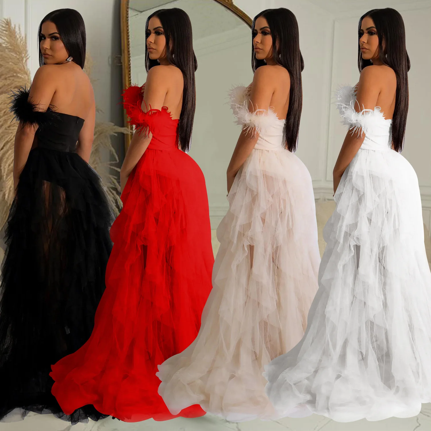 Strapless Corset Mesh Dress Party Gowns Elegant Lady Beautiful Sleeveless Evening Dresses