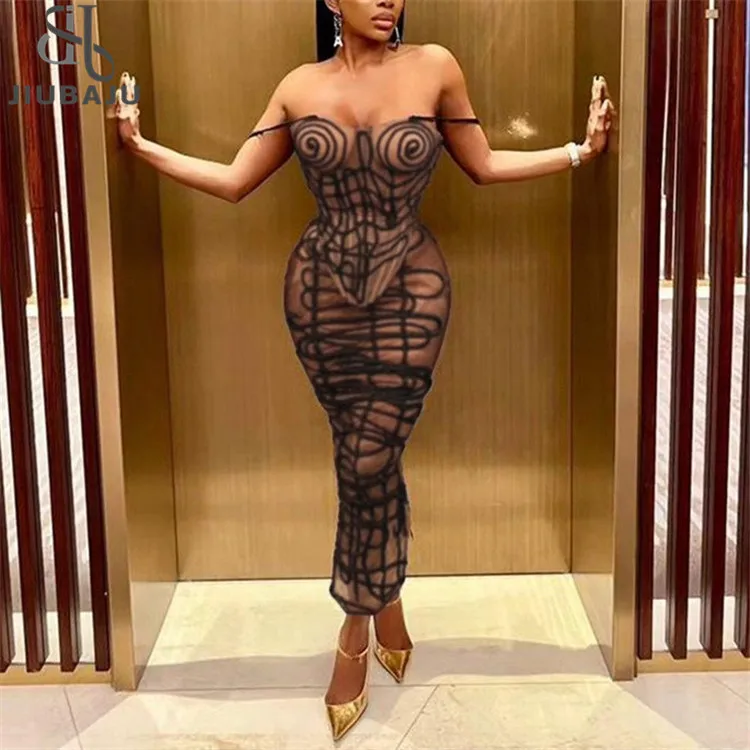 Stripe Print Sexy 2 Piece Set Women See Through Coquette Camisole+Long Skirts Midnight Clubwear Party Matching Suits