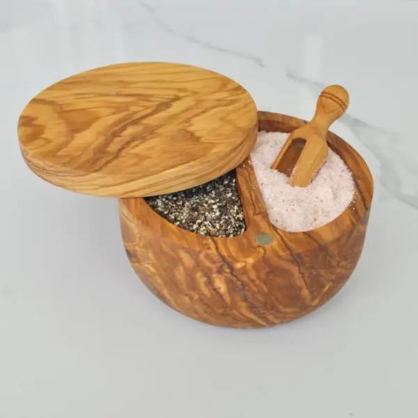 Olive Wood Salt Box Round Wooden Salt Keeper With Lid Olive Wood Seasoning Box Salt and Pepper Keeper