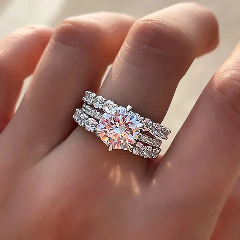 CAOSHI OEM Classic Bridal Silver Plated 3Pcs Sets Finger Ring Wedding Engagement Party Wear Imitated Diamond Eternity Band Rings