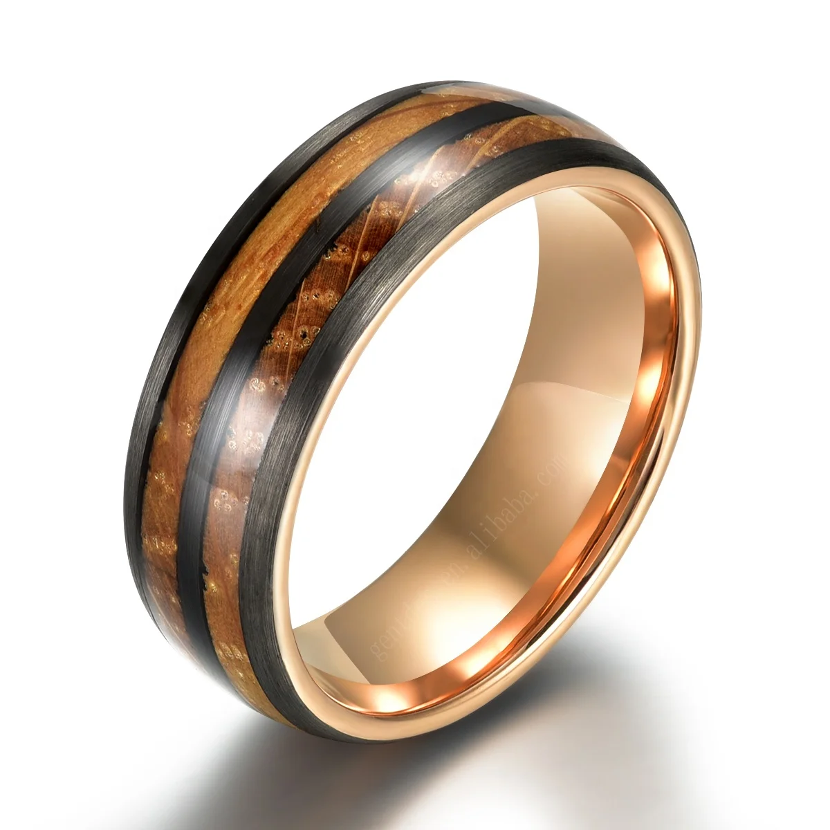 Gentdes Jewelry 8mm Black Rose Gold Double Whiskey Wood Inlay Gun Gray And Rose Gold Tungsten Wedding Rings Tungsten Men Ring