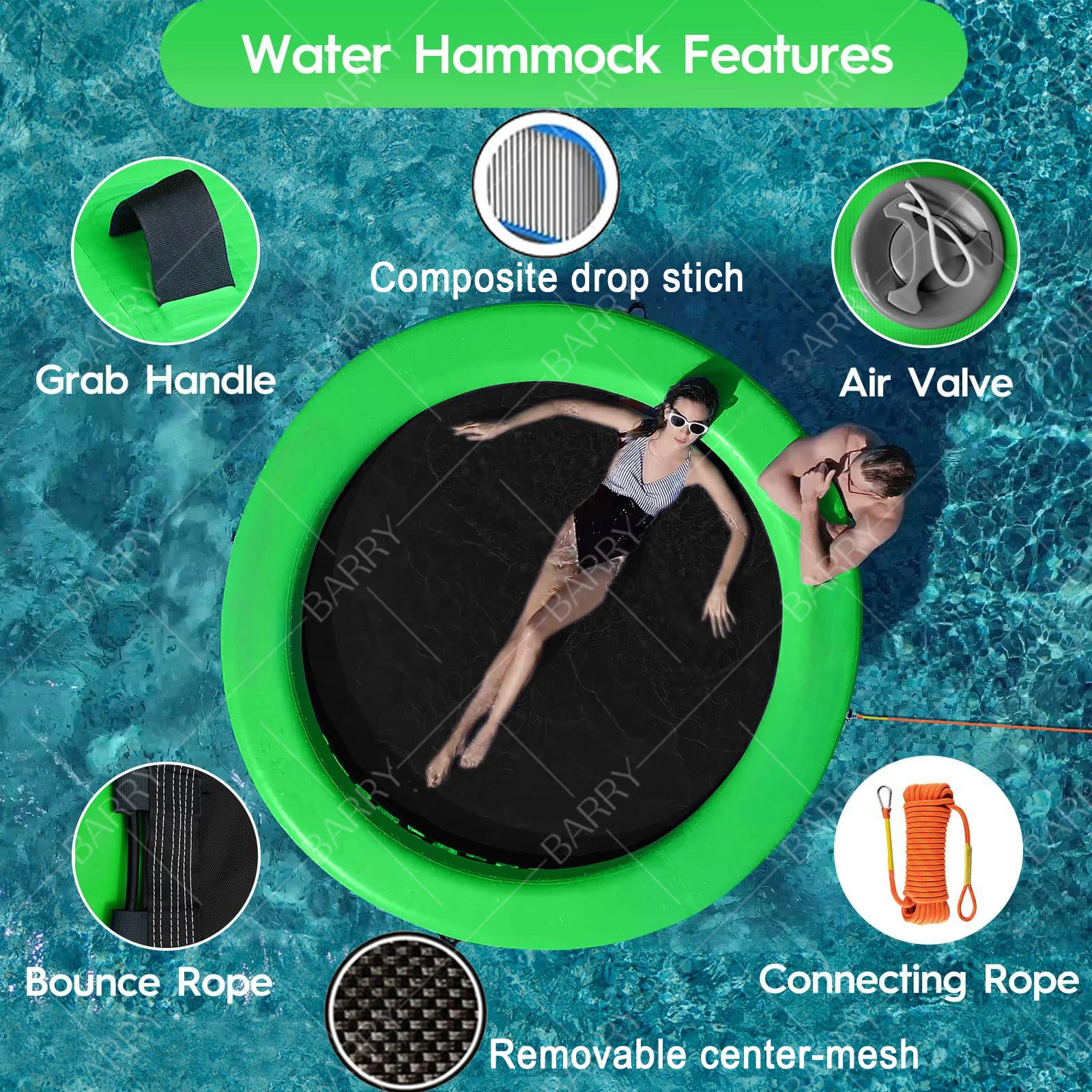Barry Manufacturer Custom Portable Floating Water Hammock Lounger Pool Inflatable Water Hammock with Mesh Center for Recreation