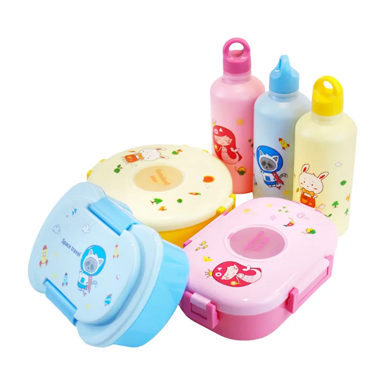 Wholesale In Stock Children Cartoon Design Plastic Bento Lunch Box Kids Student Lunch Box Set With Water Bottle