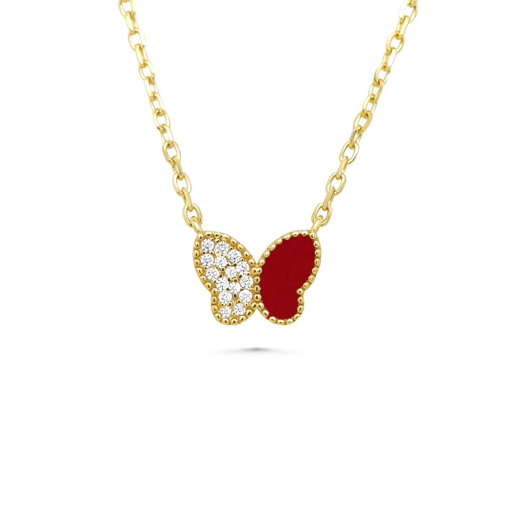 925 Silver Women Jewelry Bead Side Two Tone Malachite Red Coral Half Pave CZ Half Nature Stone Onix Butterfly Pendant Necklace