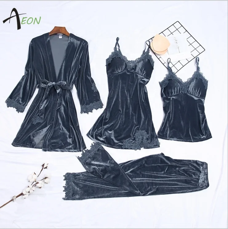 Women Luxury Velvet Pajamas Set Flannelette Velvet Robe Lingerie