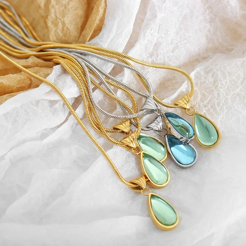 Dina Wholesale Fine Jewelry Vintage Stainless Steel Jewelry Olive Green Teardrop Necklace 18K Gold Filled Jewelry