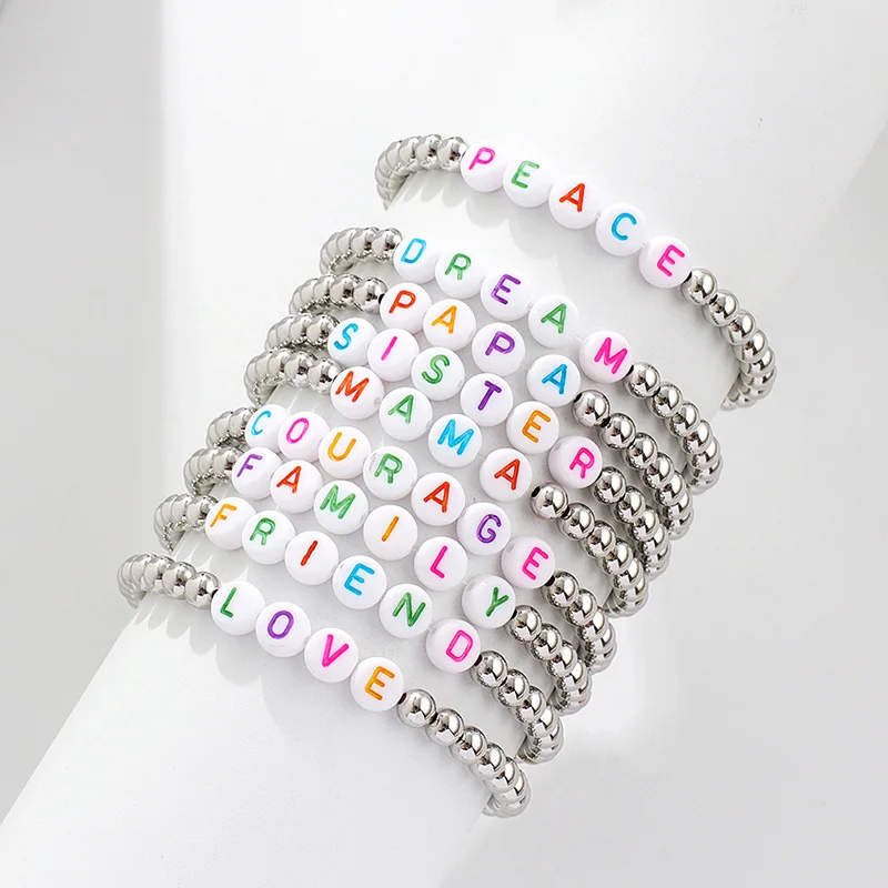 Wholesale Custom Bead Bracelet Colorful Letter Adjustable Bead Bracelet Friendship Love Silver Bead Bracelet for Kids Adults