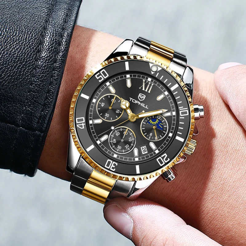 Tophill Classic Vintage Green Water Ghost Dial Multifunctional Movement Stainless Steel Straps Custom Cool Mens Quartz Watches