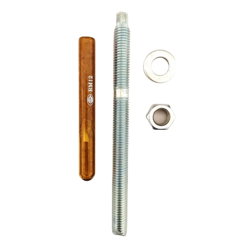 Zinc plated carbon steel chemical anchor bolt plus chemical capsules glue tube