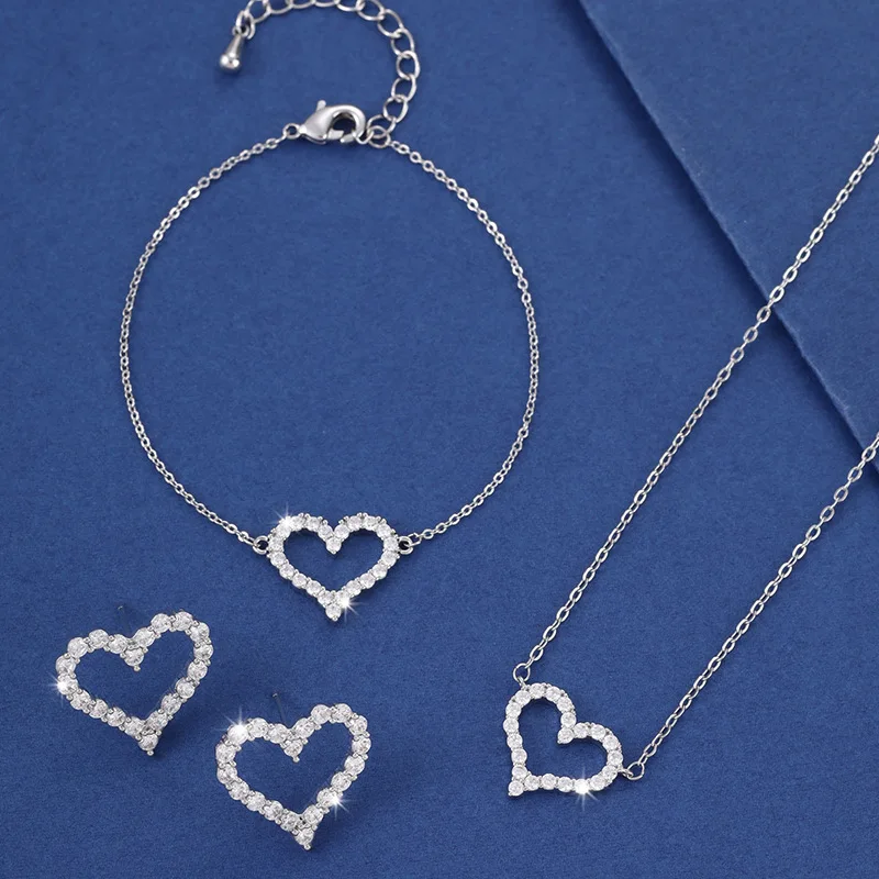 XL044-B-05351 Super Flash Hollow Peach Heart Bracelet Necklace Earrings Set of Four Pieces Fashion Versatile Love Jewelry Set