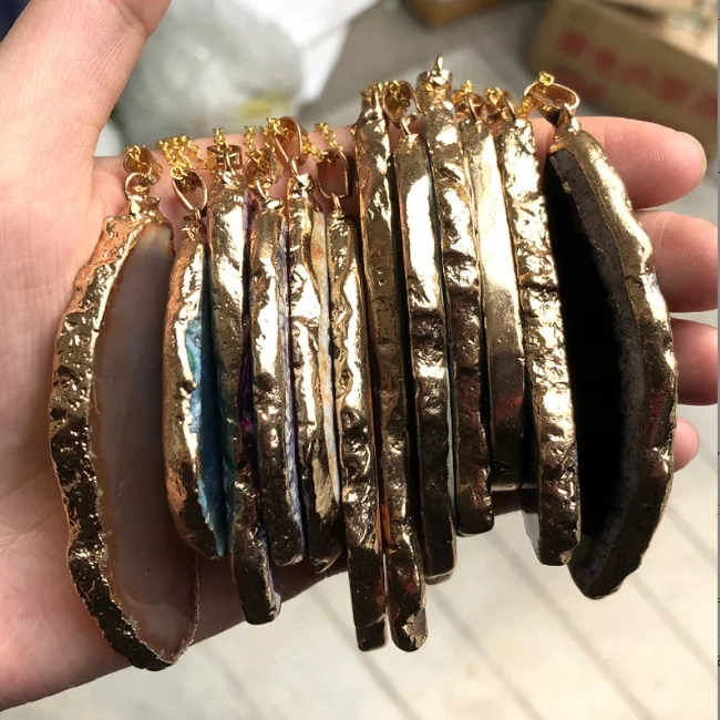 Natural Gold Plated Crystal Druzy Agate Slice Pendants Necklace for Gifts