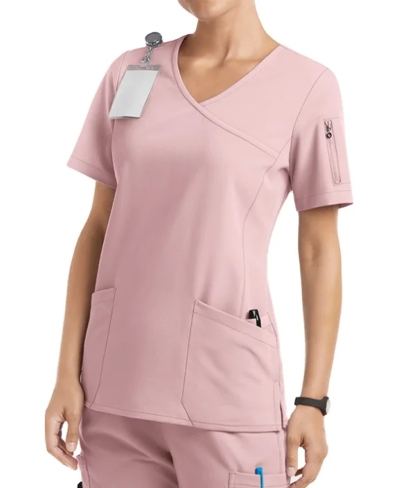 Wholesale Stretchy Short Sleeve Hospital Uniform Women V-Neck Medical Scrubs Top Slim Fit Tunic
