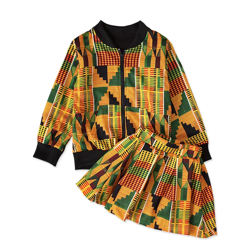 
Wholesale African Bohemia print fall clothes sets jacket dress baby girls long sleeve boutique outfits 