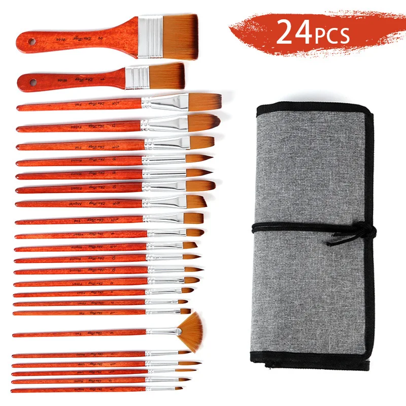 25 Nylon Hair Brush Set Portable Pen Curtain Canvas Bag Art Raw Paint Brush Board Brush