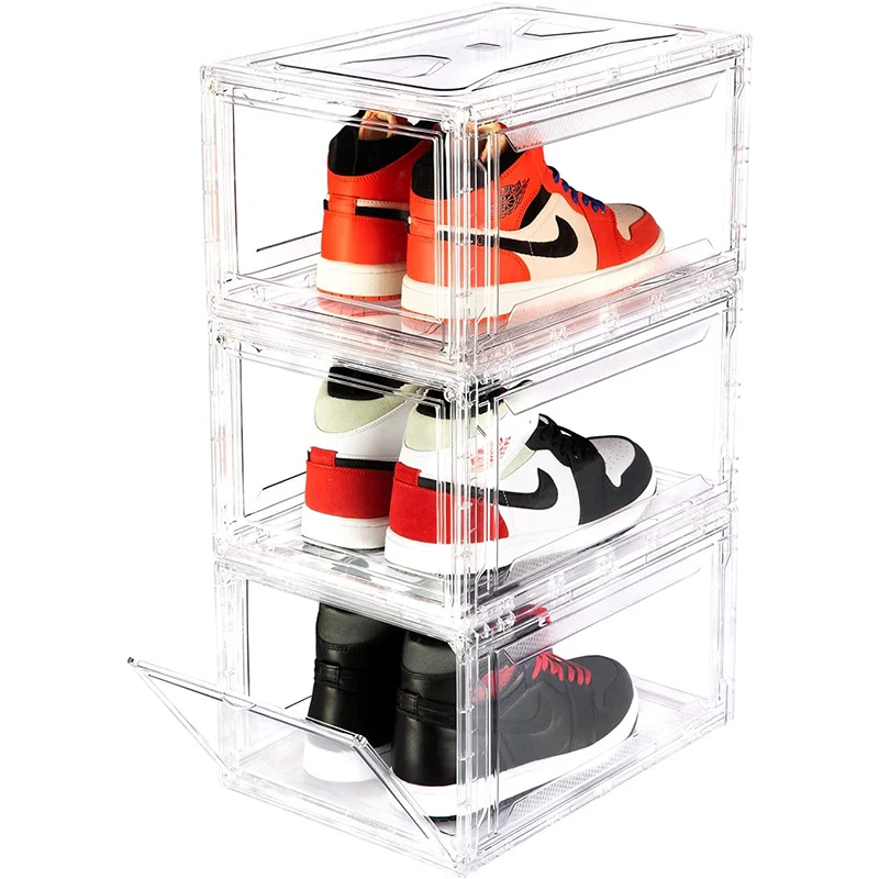 Factory Manufacturer Custom Transparent Storage Sport Shoe Box & Bins Tote with Handle Stackable Sneaker Clear Case Crate