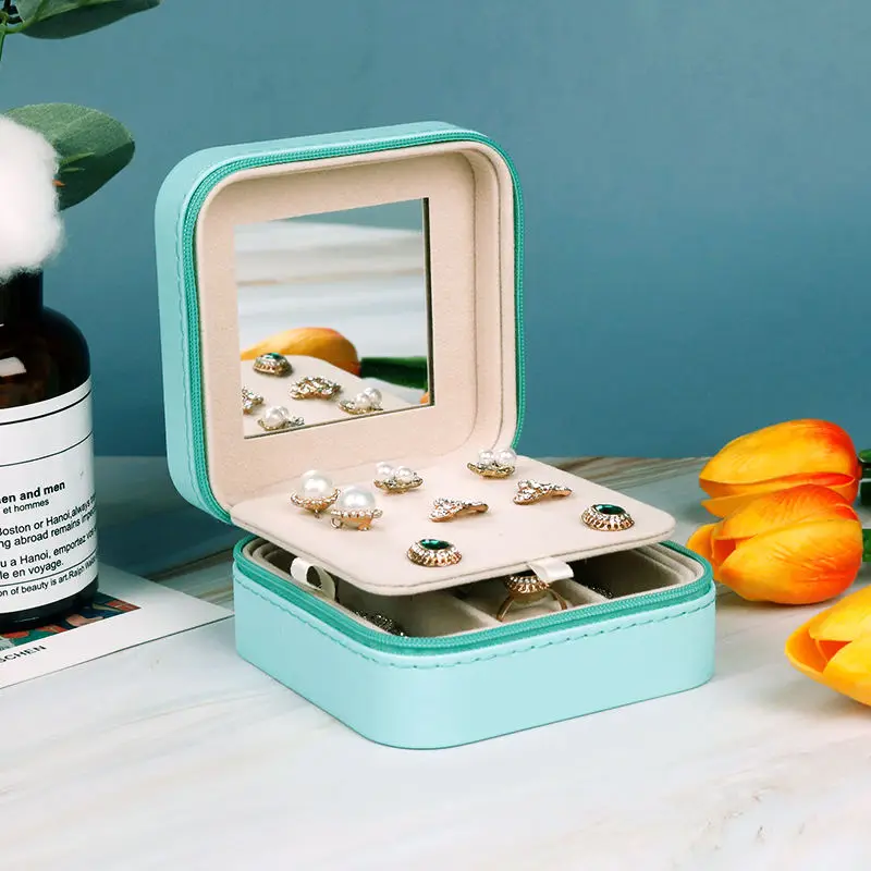Leather Small Travel Jewelry Ring Earring Necklace Zipper Case Storage Organizer Blue Jewelry Box with Mirror Custom Logo Pink