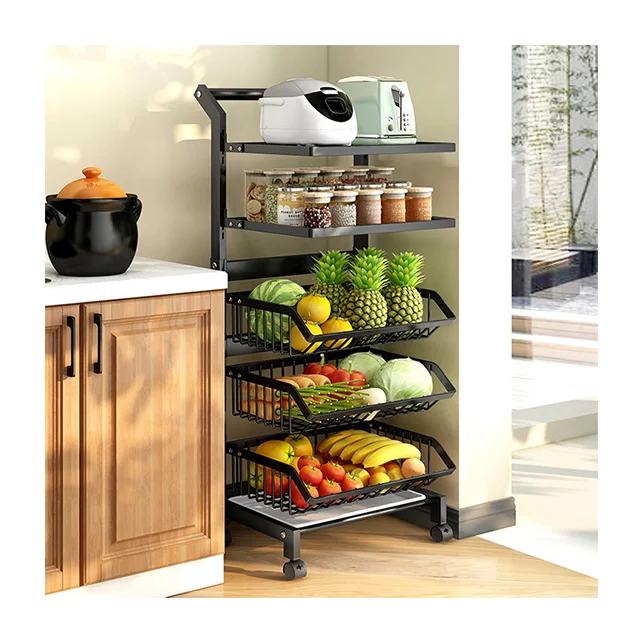 3/4/5 Layer Fruit Vegetable Organizer Cart With Wheels Kitchen Storage Baskets Rack Stackable Metal Organizer Holder Shelf