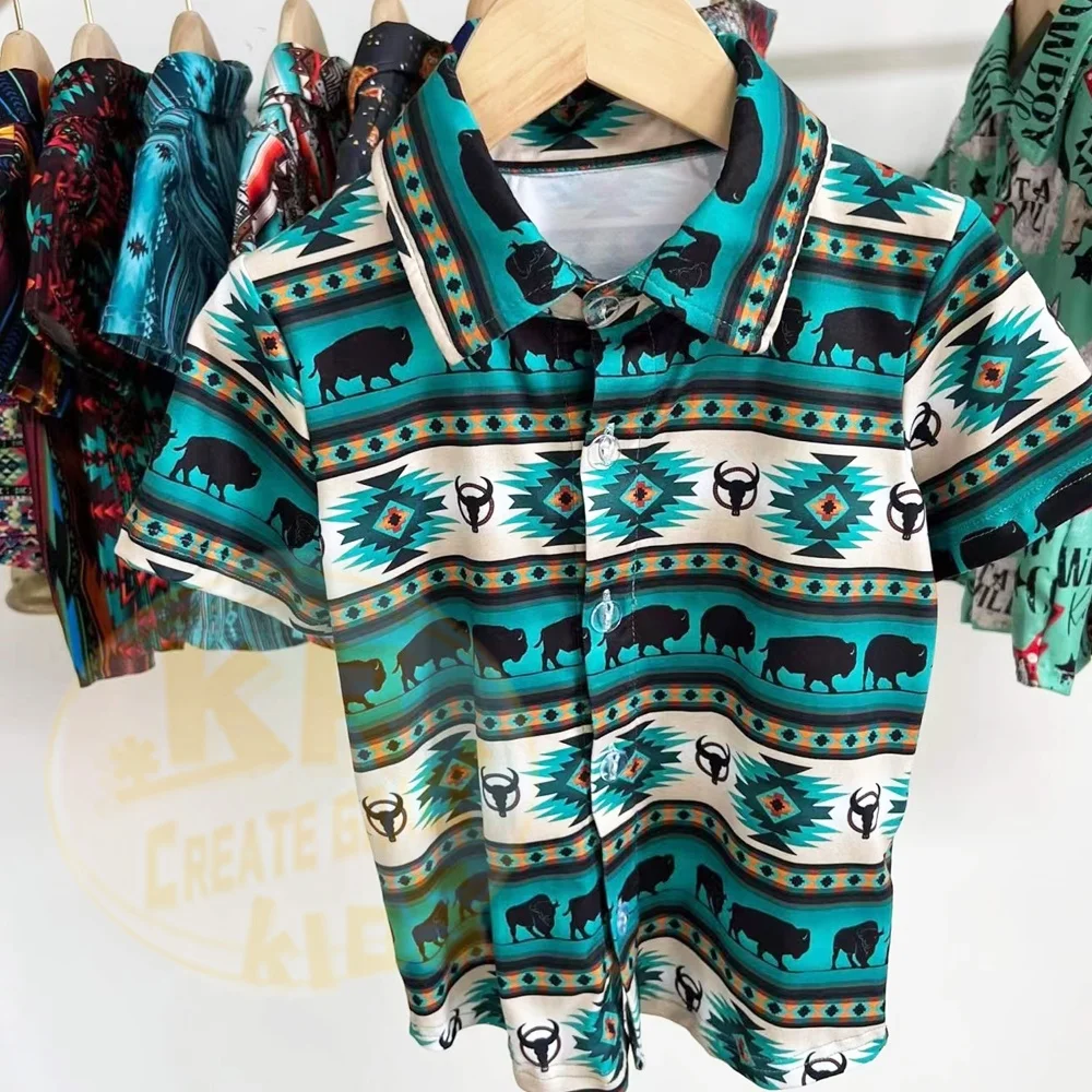 Hot selling western aztec cowboy printing boys t-shirt kids summer polo shirt custom kids baby cloth t shirts