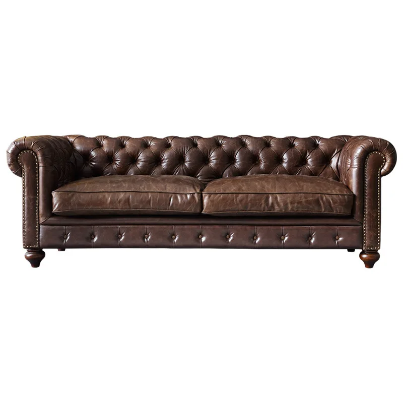 Living Room Design Luxury Modern Furniture Brown Leather Loveseat Chesterfield Sofa