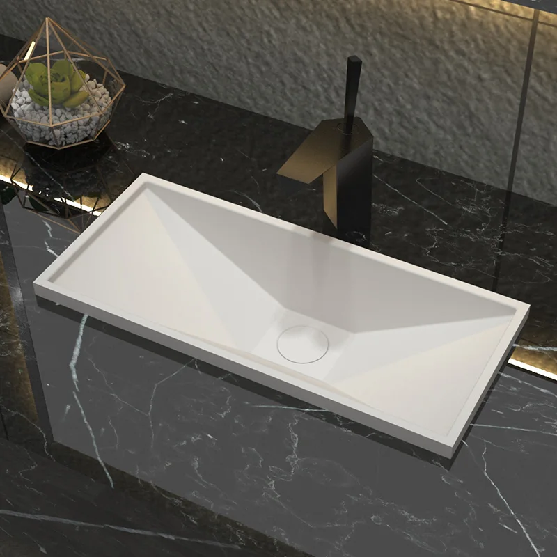 Elegant Sanitary Concrete Bathroom Solid Surface Stone Lavabo Rectangular Wash Basin Commercial Sink