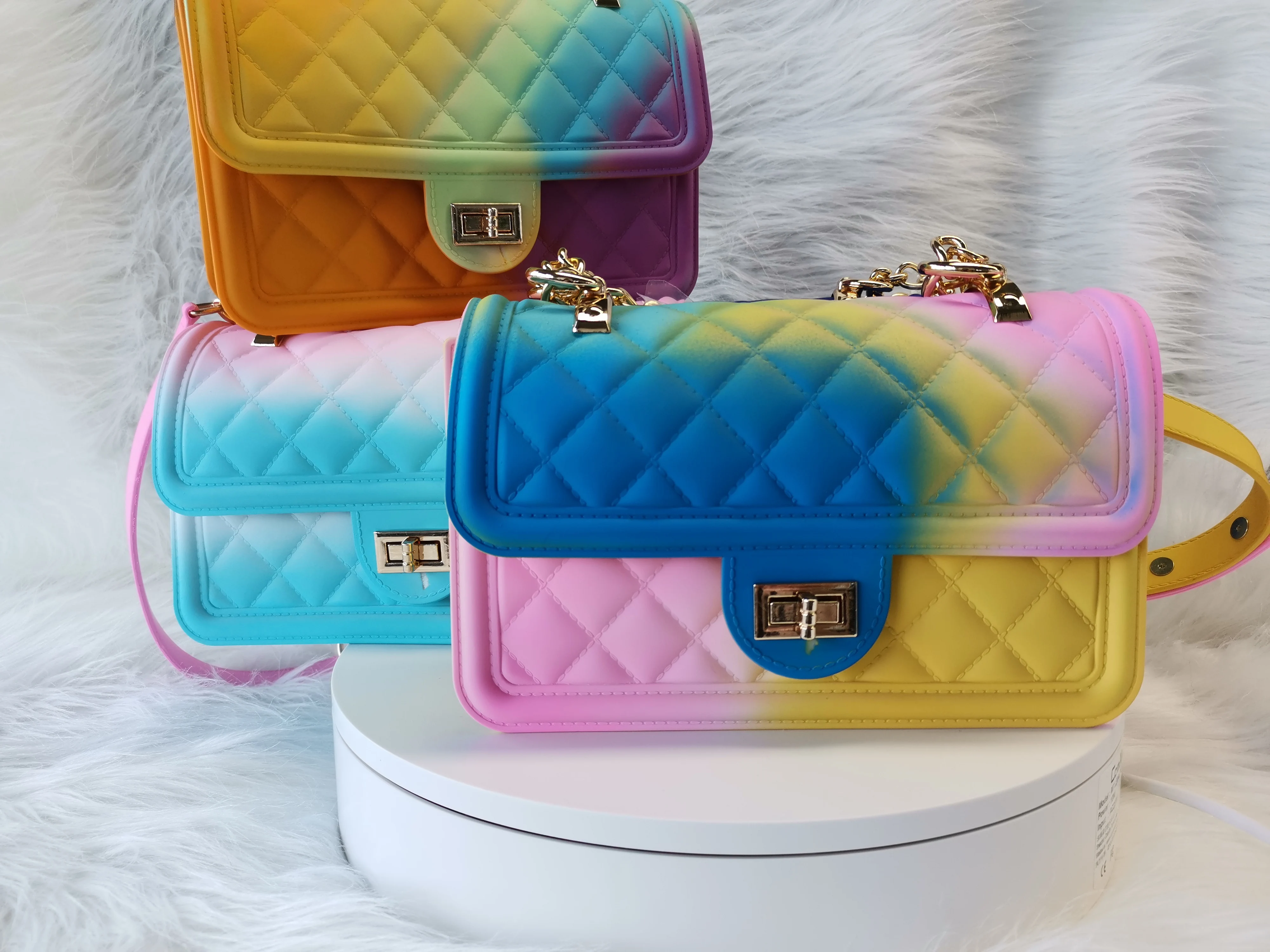 GW jelly purseSmall Amazon best selling colorful Fashion luxury rainbow purse lady candy handbag bag with chain