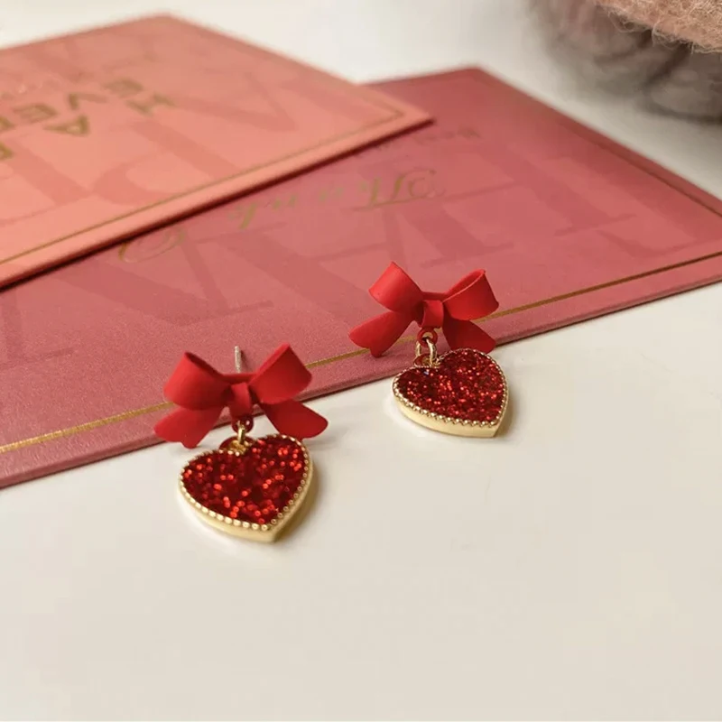 ED64858 Korean cute red heart hypoallergenic bowknot earrings fashion 14K gold plated women jewelry