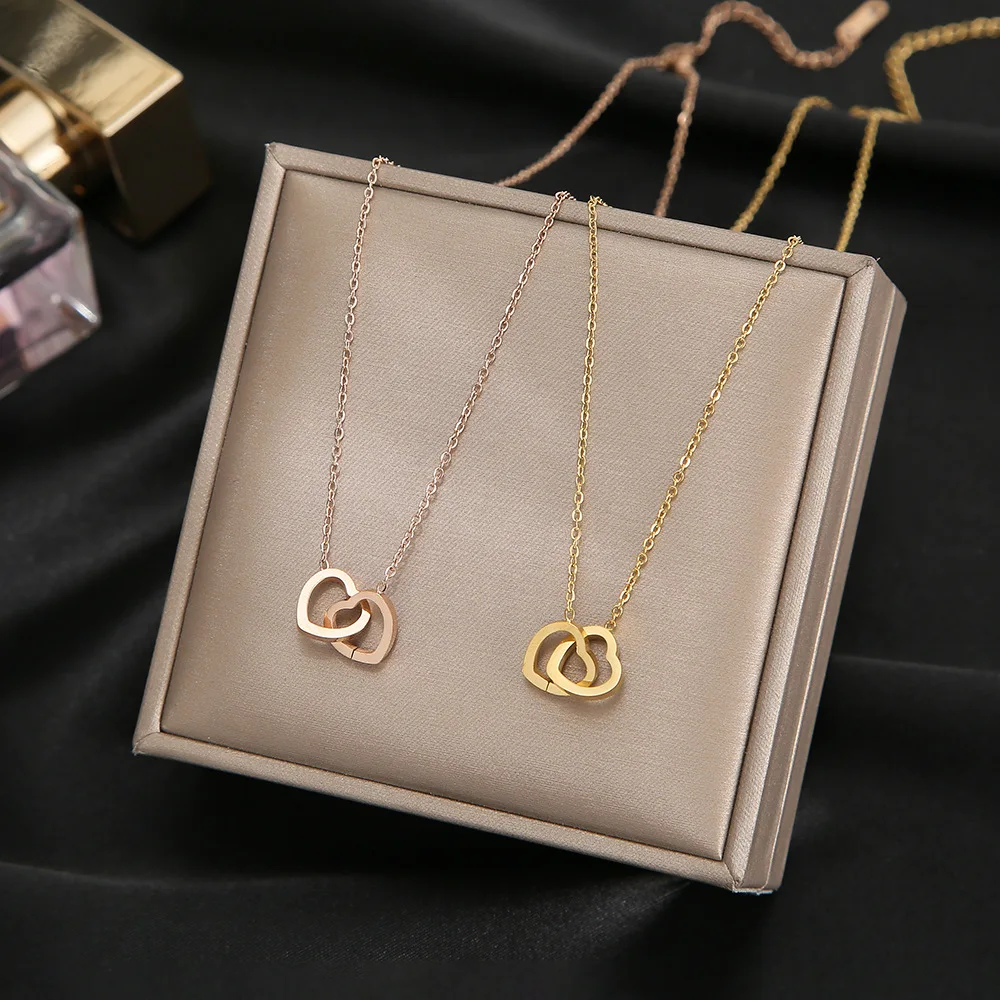 European and American 18k rose gold simple double ring love collarbone chain titanium steel non fading necklace