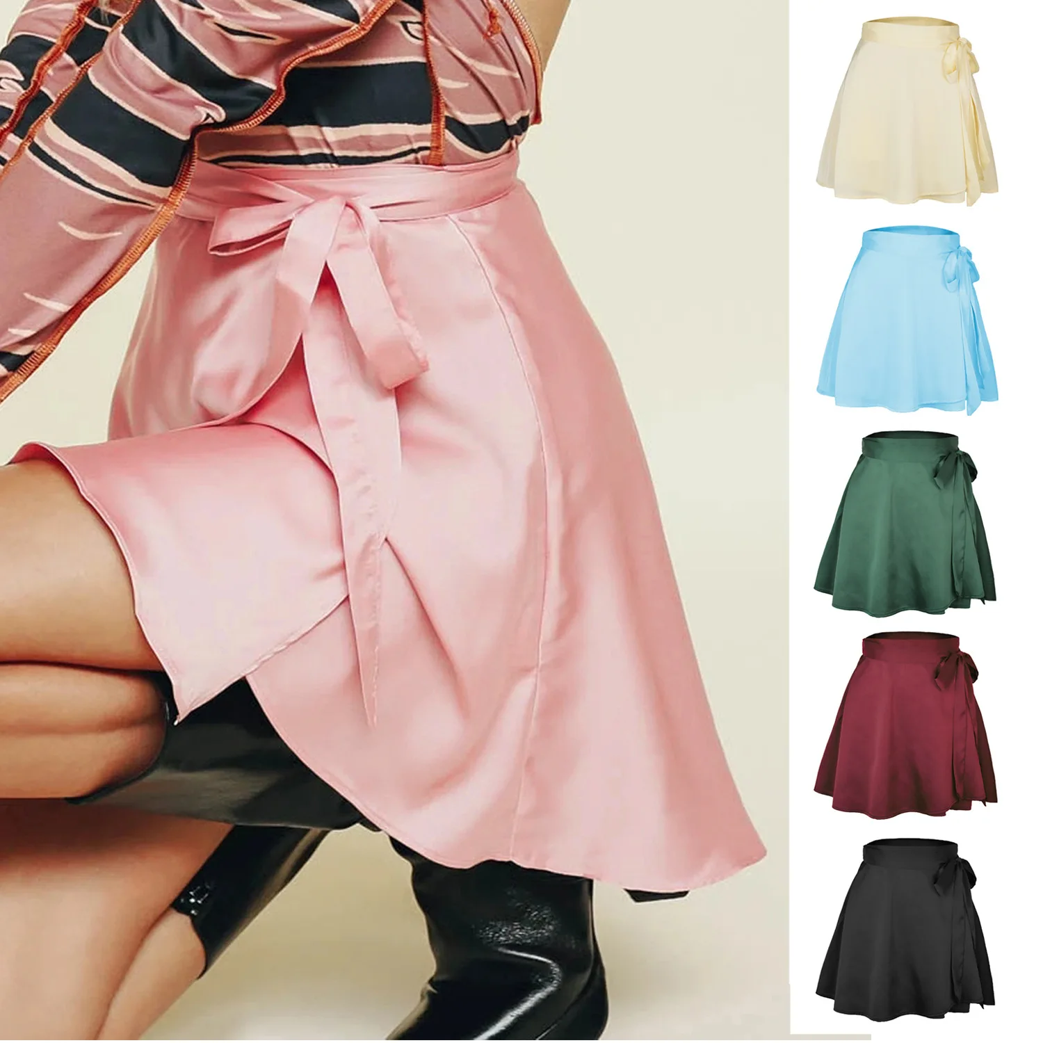 2024 Summer High Waist Elegant Explosions Solid Color Vintage Style Lace-Up Chiffon Satin Wrap Skirt Empire Crocheted Weaving